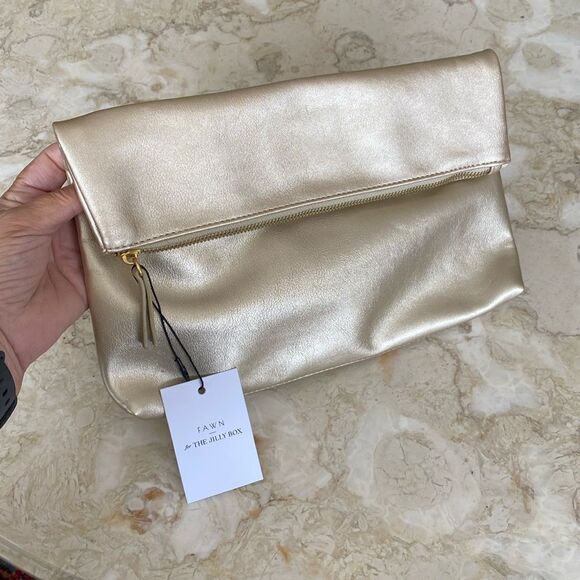 NWT Fawn Design for Jilly Box Vegan Leather Gold Metallic Fold Over Clutch Bag - Picture 2 of 11